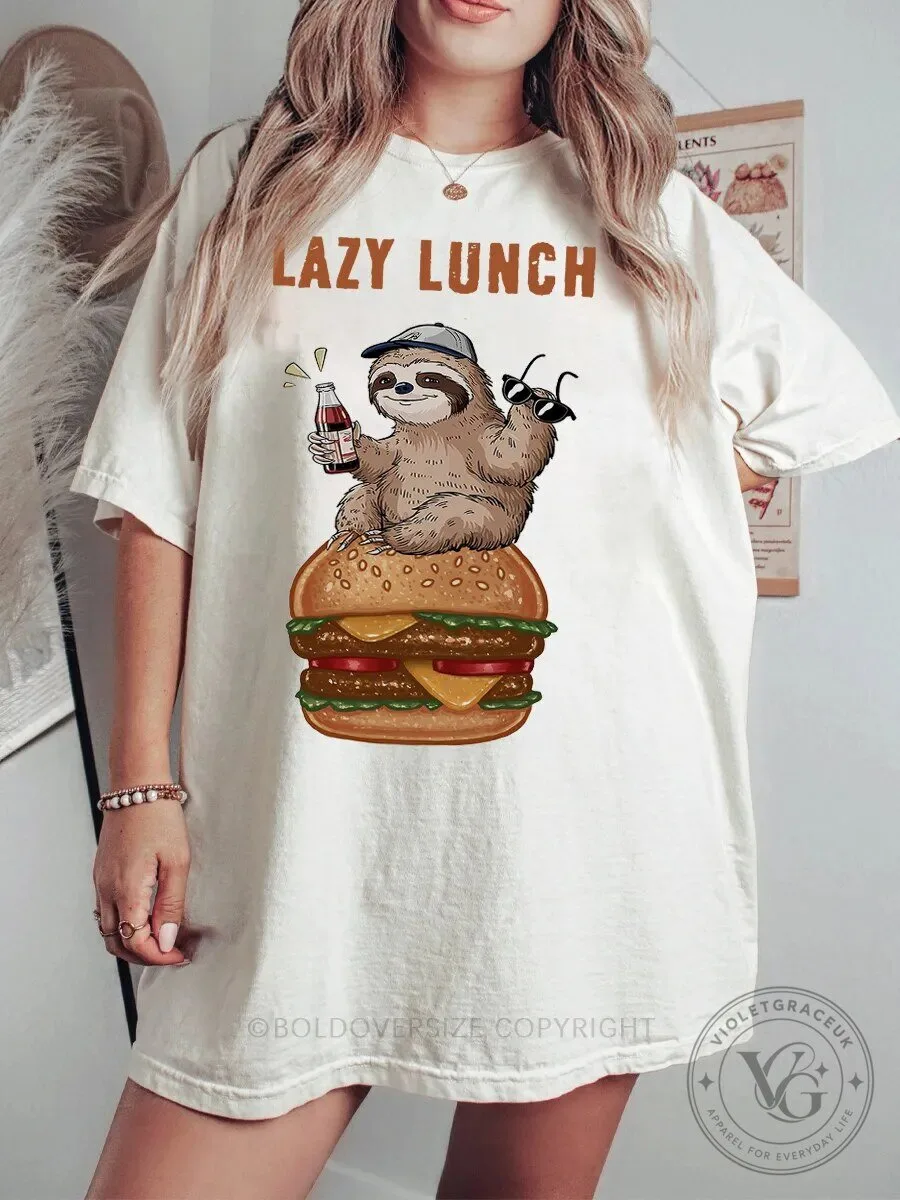 Funny Sloth Lazy Lunch Burger Graphic Oversized T-Shirt