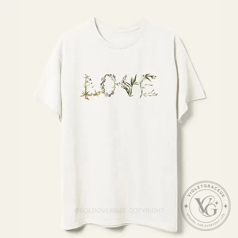 Floral Love Lettering Botanical Wildflower Design White T-Shirt