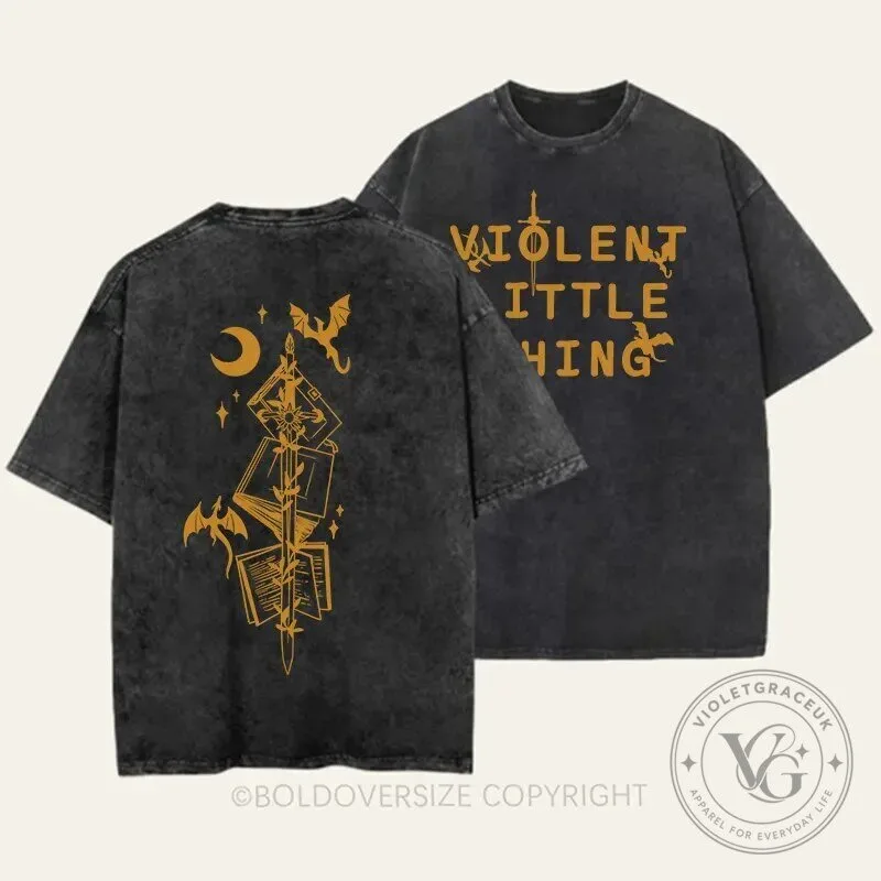 Violent Little Thing Dragons Sword Books Moon Stars Washed T-Shirt