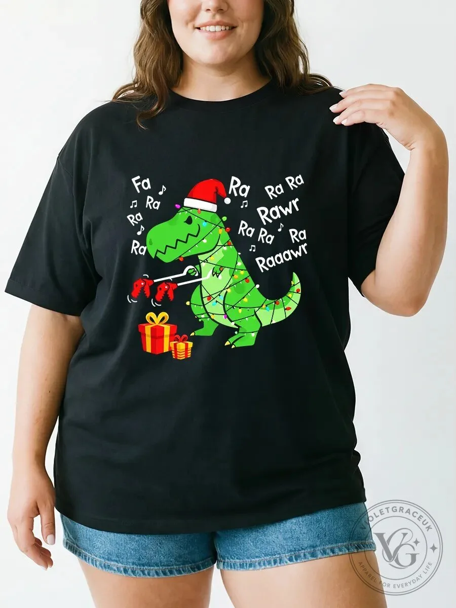 Funny Christmas Dinosaur Fa Ra Rawr T-Rex Holiday Lights T-Shirt