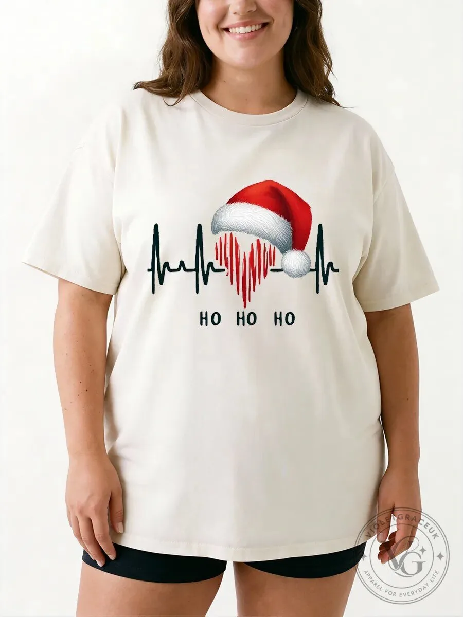 Christmas Santa Hat Heartbeat Ho Ho Ho Holiday Graphic T-Shirt