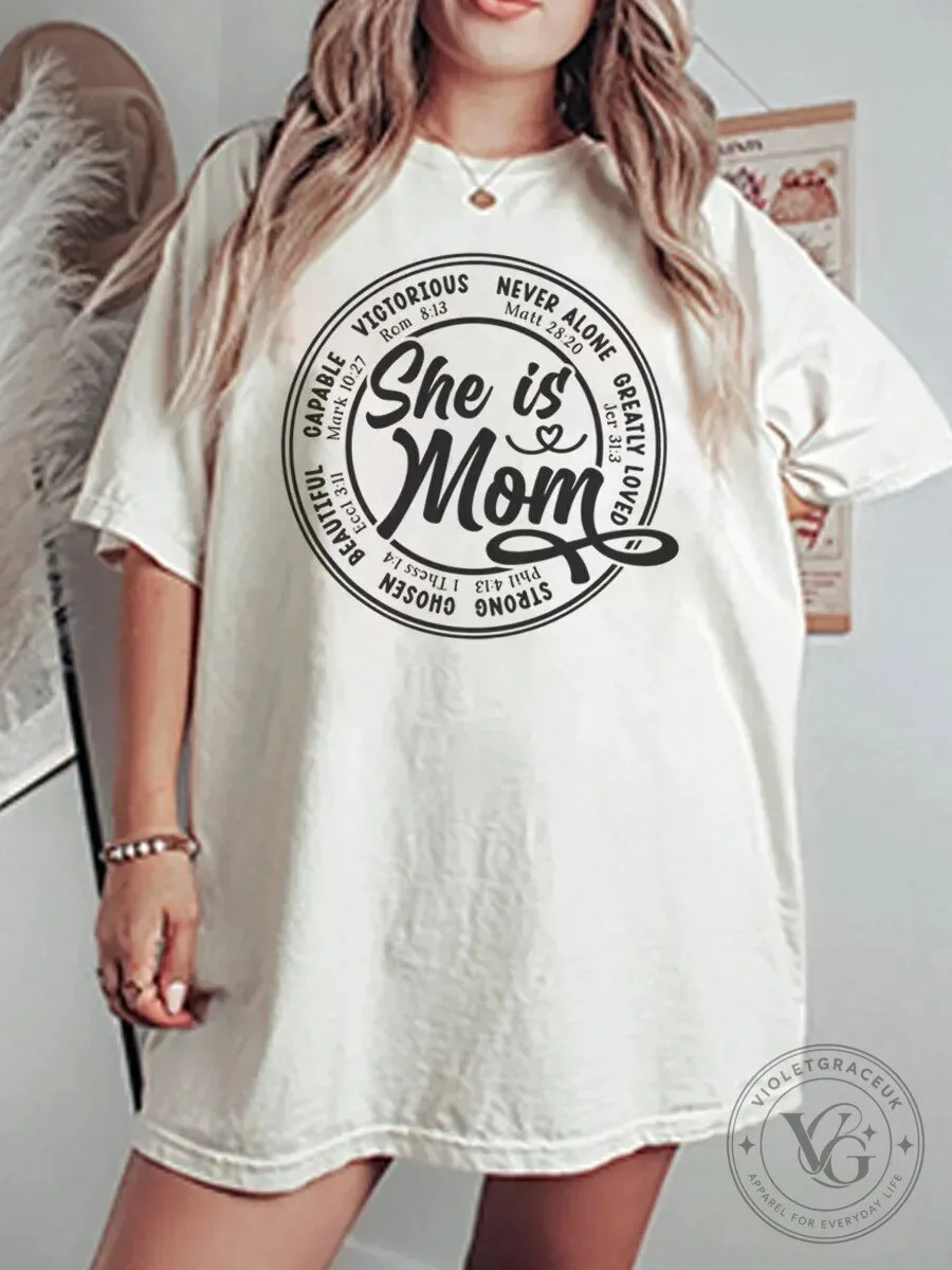 She Is Mom Christian Scripture Circle Graphic Oversized T-Shirt