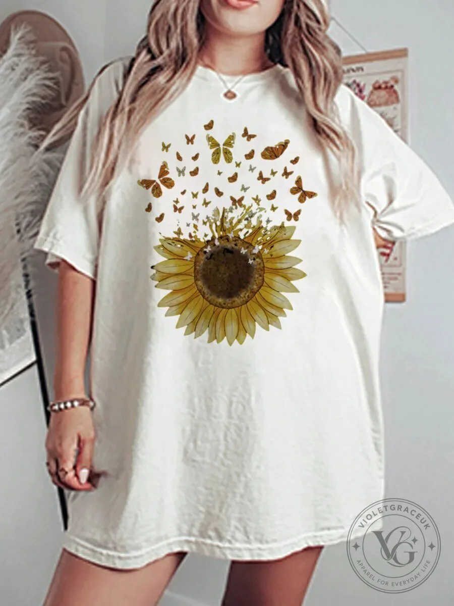 Vintage Sunflower Butterfly Graphic Oversized T-Shirt for Women