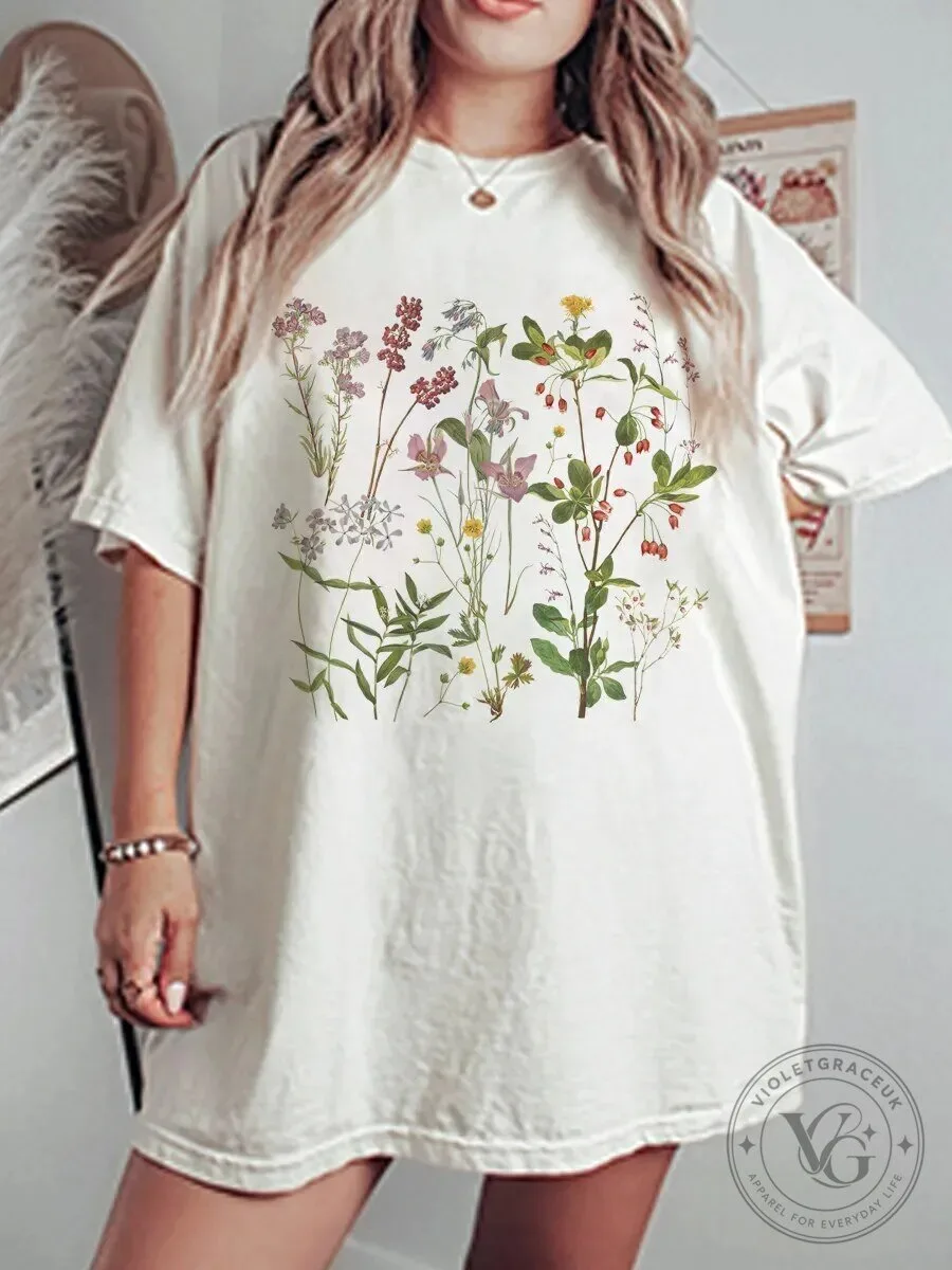Vintage Botanical Wildflower Garden Graphic Oversized T-Shirt for Women