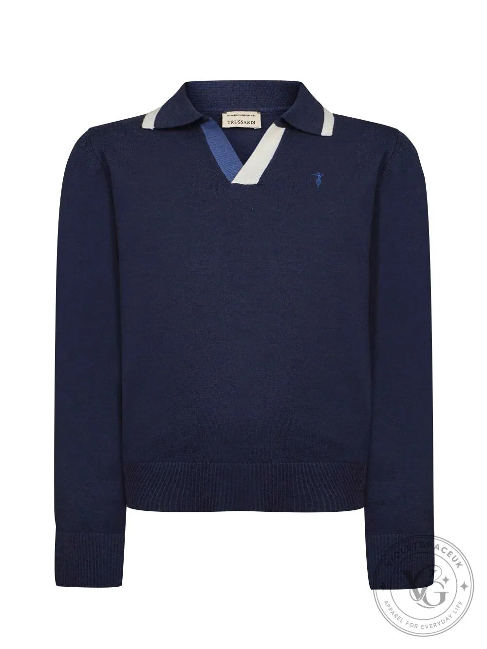 Trussardi Navy Blue Collared V-Neck Long Sleeve Polo Shirt