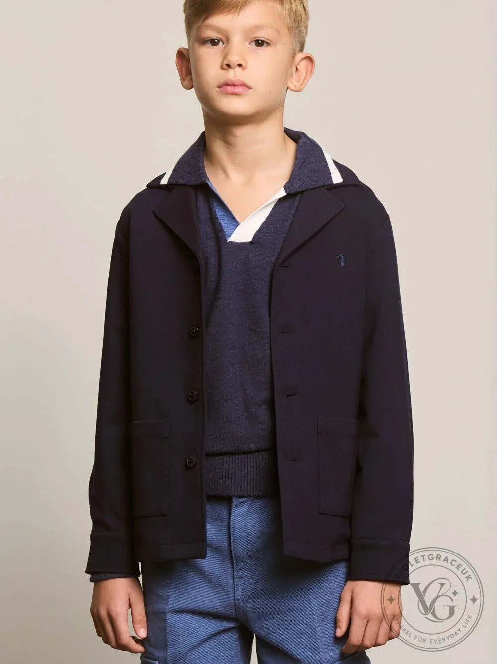 Trussardi Navy Blue Collared V-Neck Long Sleeve Polo Shirt 7 Trussardi Navy Blue Collared V-Neck Long Sleeve Polo Shirt
