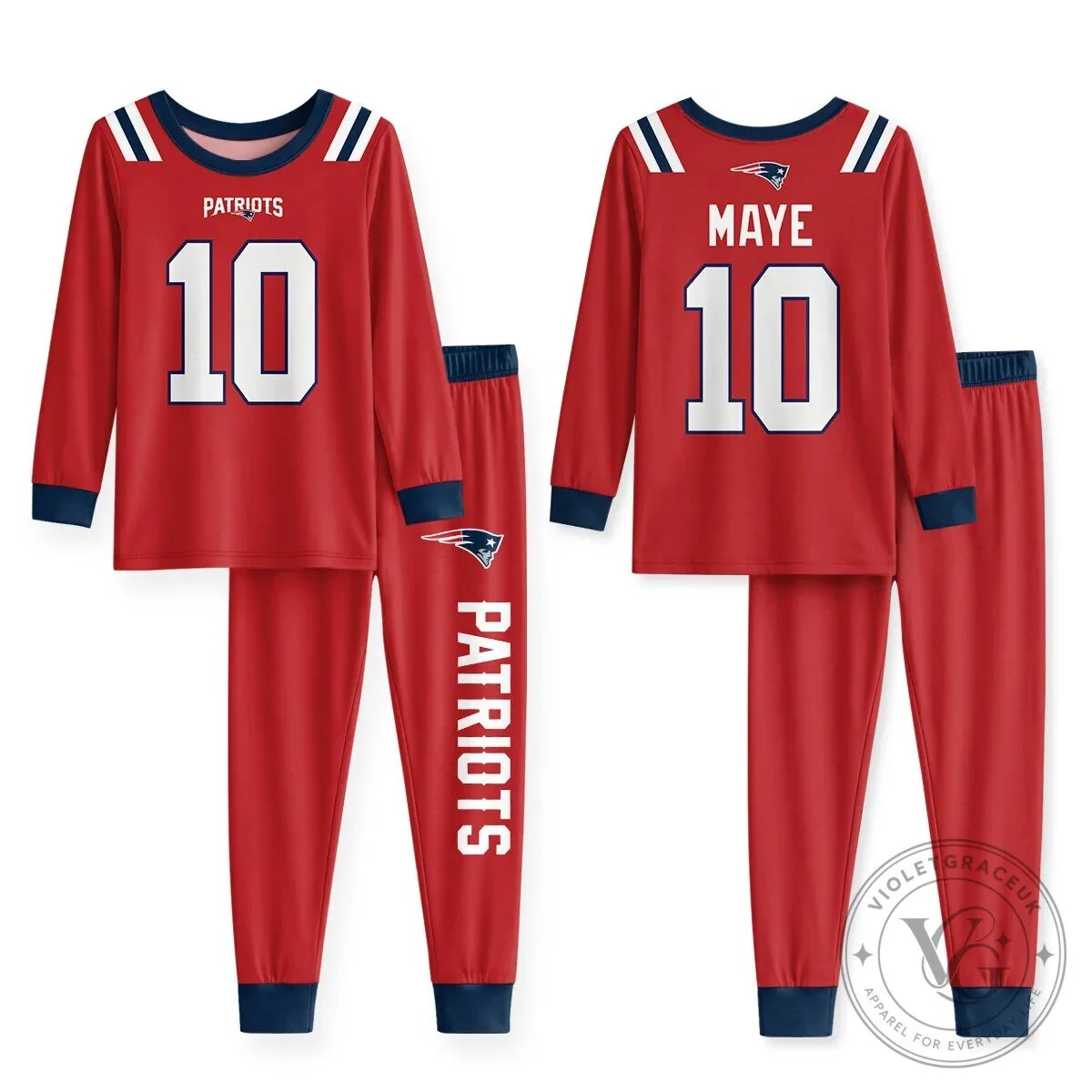New England Patriots Mac Jones Number 10 Football Team Pajamas Set 23 New England Patriots Mac Jones Number 10 Football Team Pajamas Set