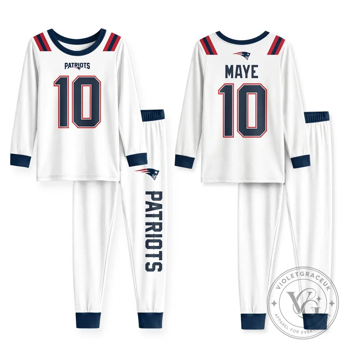 New England Patriots Mac Jones Number 10 Football Team Pajamas Set 24 New England Patriots Mac Jones Number 10 Football Team Pajamas Set