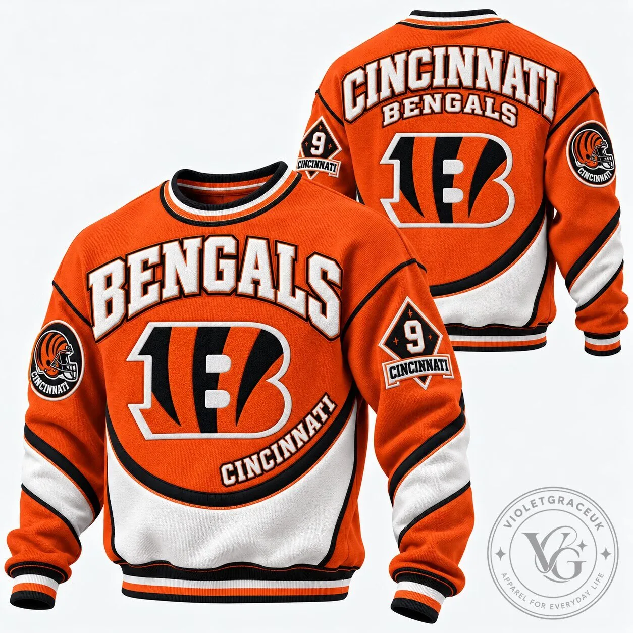 Cincinnati Bengals Football Team Logo Orange and Black Crewneck Sweatshirt