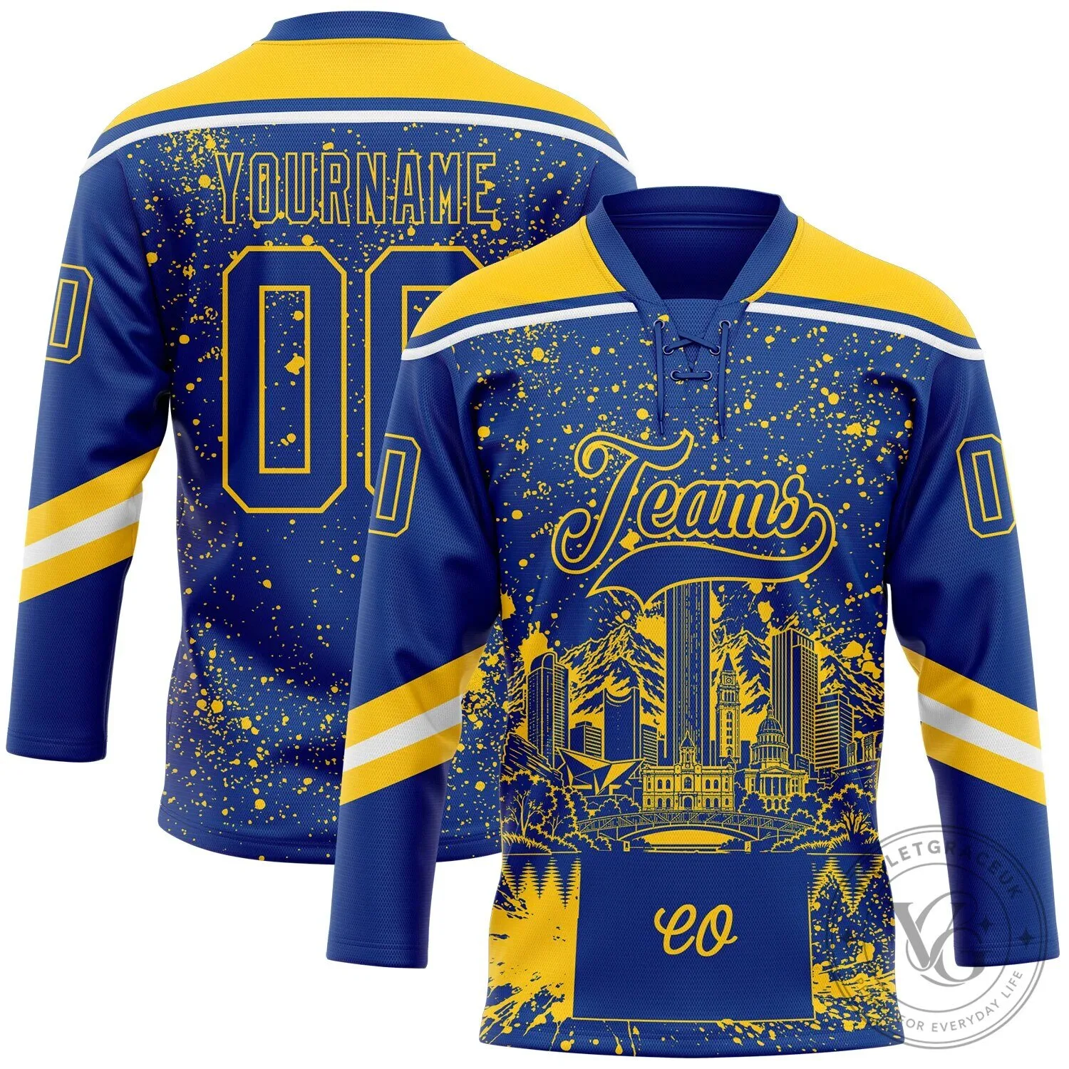 Denver Colorado City Skyline Paint Splatter Custom Royal Blue Hockey Jersey
