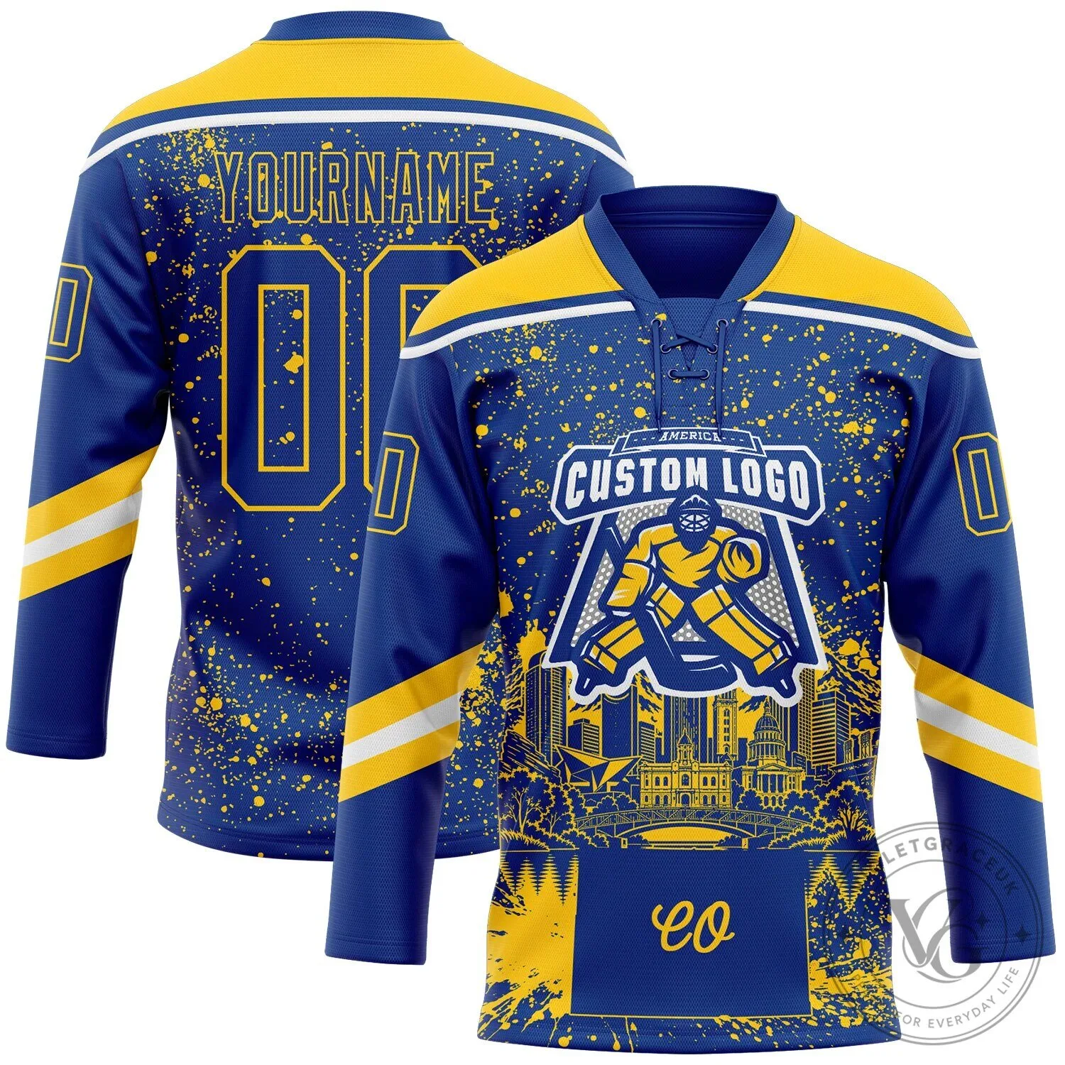 Denver Colorado City Skyline Paint Splatter Custom Royal Blue Hockey Jersey 10 Denver Colorado City Skyline Paint Splatter Custom Royal Blue Hockey Jersey