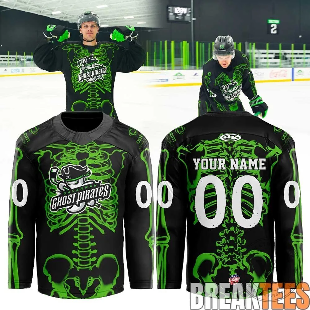 Savannah Ghost Pirates Skeleton Bones Custom Name and Number Hockey Jersey