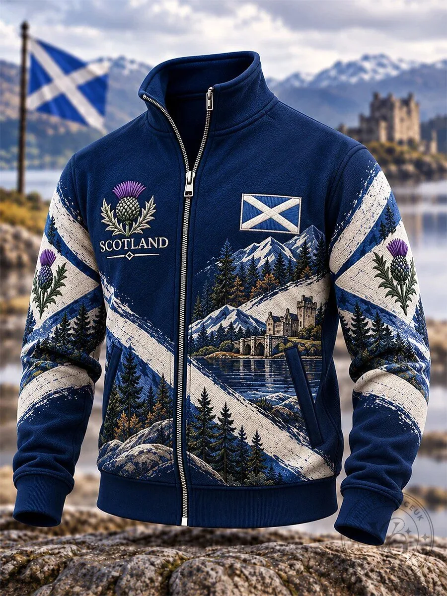 Scotland Thistle and Flag Landscape Design Men's Full-Zip Jacket