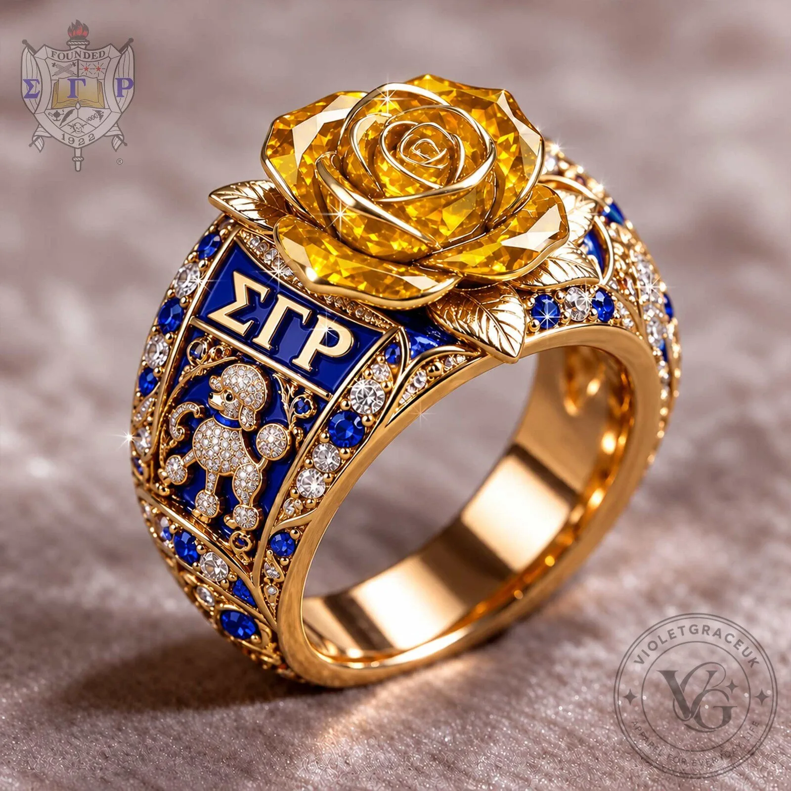 Sigma Gamma Rho Sorority Yellow Rose Gold Plated Ring with Blue Accents