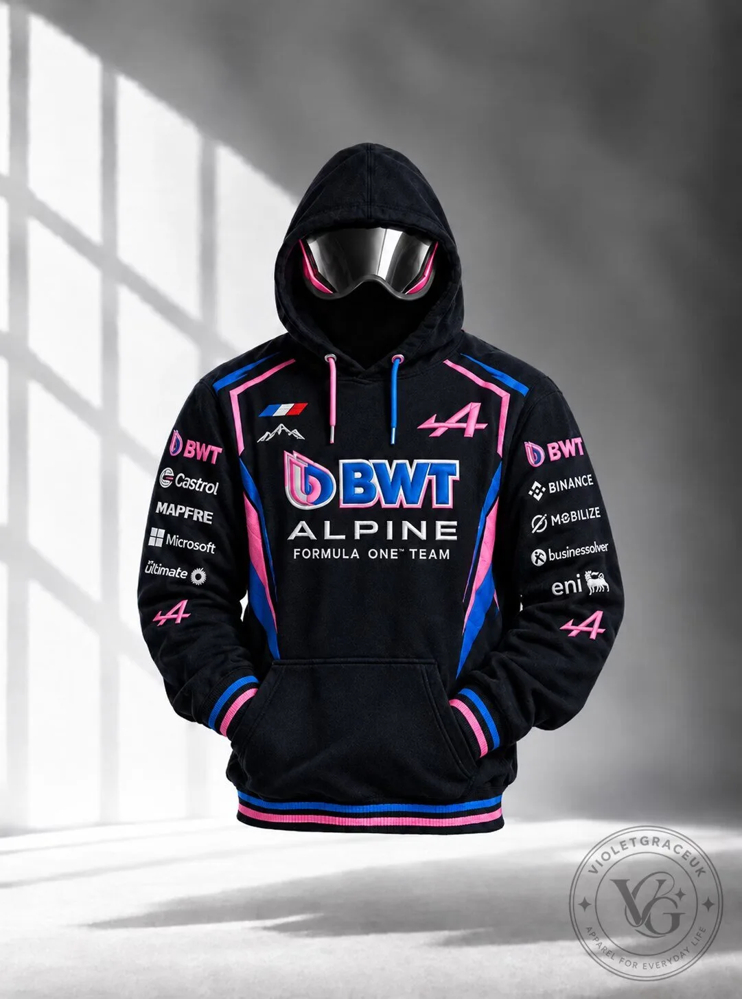 BWT Alpine Formula One Team Racing Black Hoodie with Pink and Blue Accents