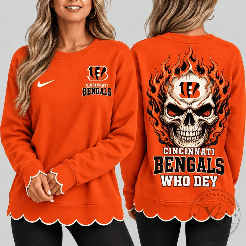 Cincinnati Bengals Flaming Skull Who Dey Football Fan Sweatshirt Cincinnati Bengals Flaming Skull Who Dey Football Fan Sweatshirt