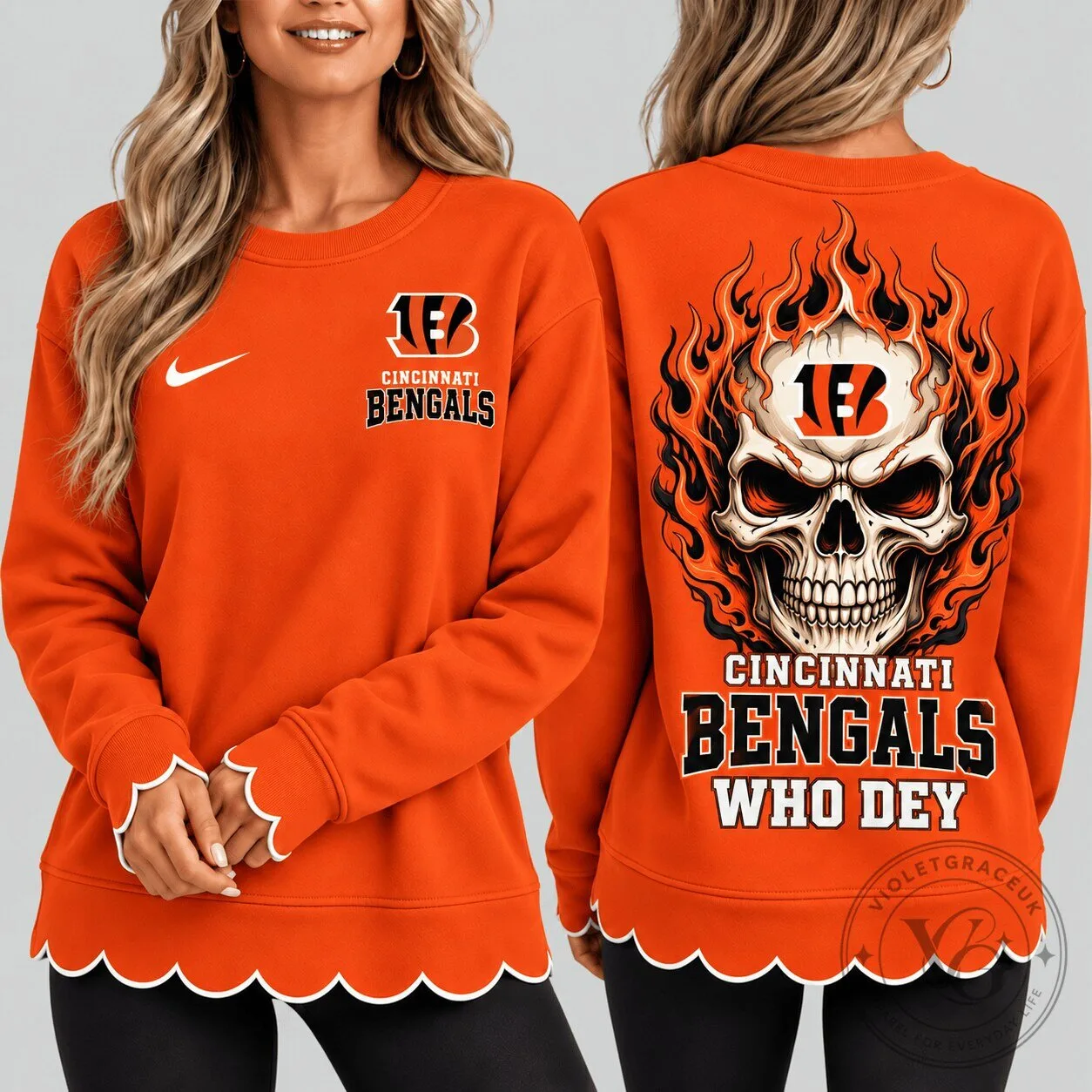Cincinnati Bengals Flaming Skull Who Dey Football Fan Sweatshirt