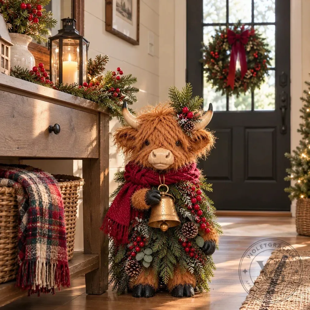 Christmas Highland Cow Figurine with Bell and Evergreen Accents Christmas Highland Cow Figurine with Bell and Evergreen Accents