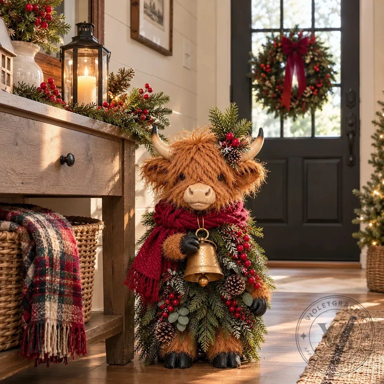 Christmas Highland Cow Figurine with Bell and Evergreen Accents