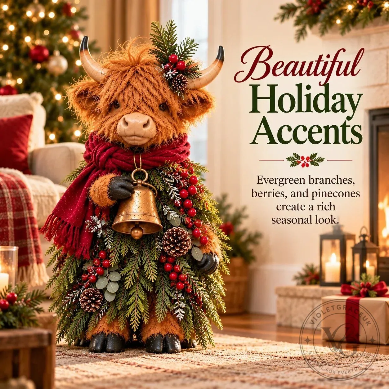Christmas Highland Cow Figurine with Bell and Evergreen Accents 9 Christmas Highland Cow Figurine with Bell and Evergreen Accents