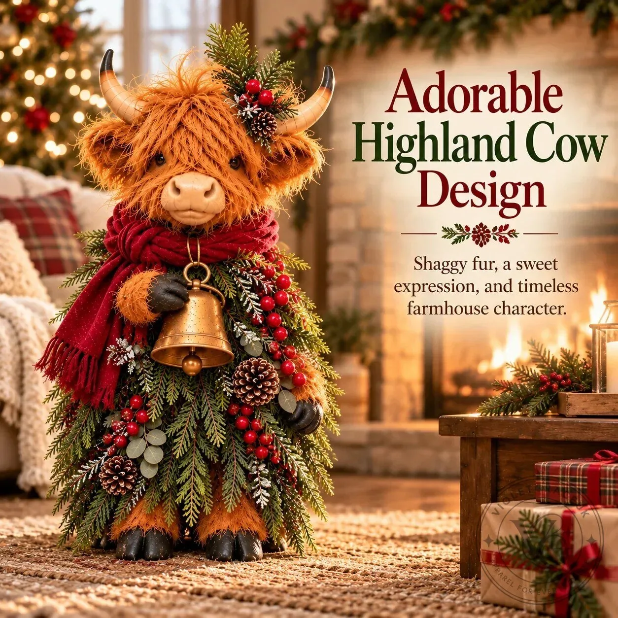 Christmas Highland Cow Figurine with Bell and Evergreen Accents 10 Christmas Highland Cow Figurine with Bell and Evergreen Accents