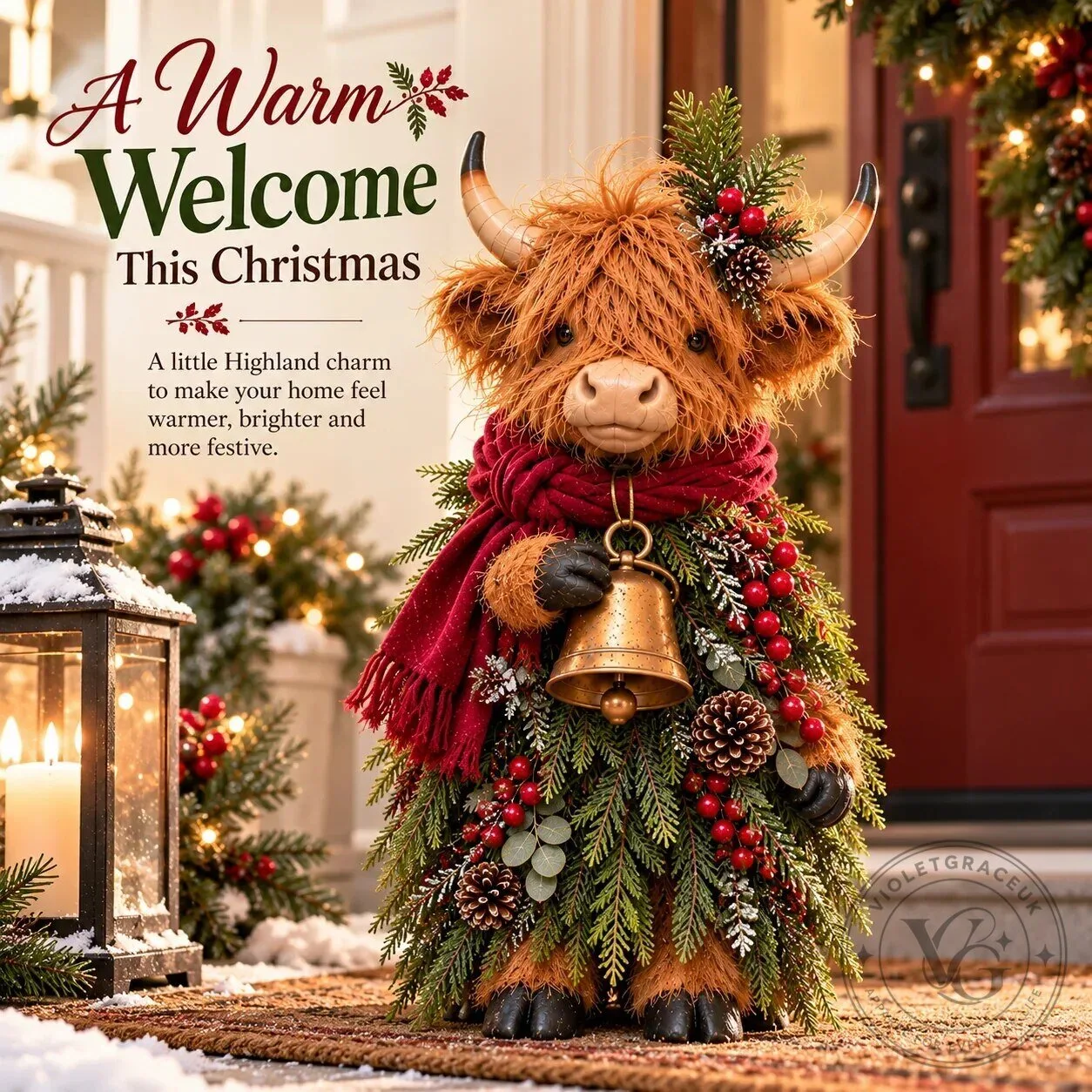 Christmas Highland Cow Figurine with Bell and Evergreen Accents 11 Christmas Highland Cow Figurine with Bell and Evergreen Accents
