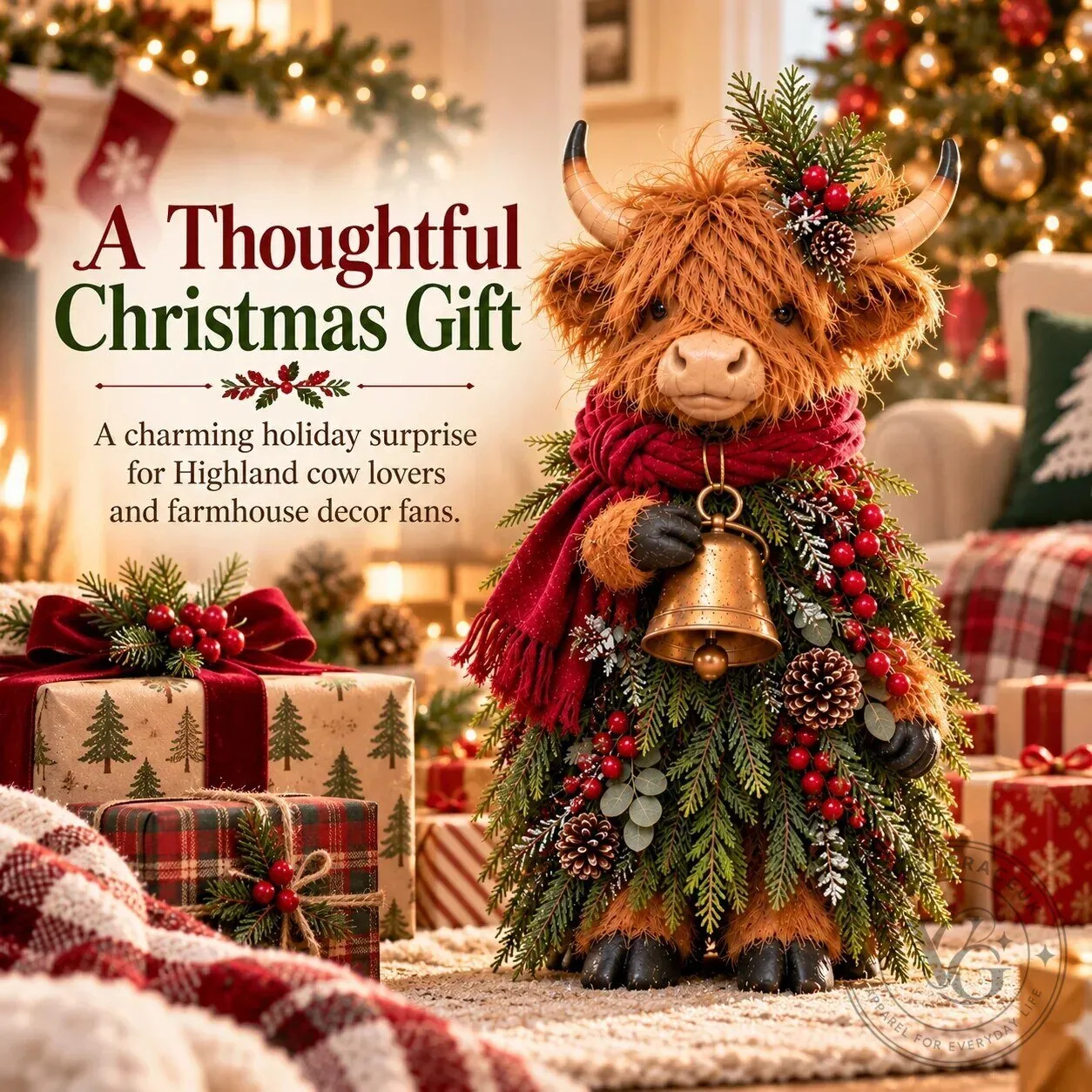 Christmas Highland Cow Figurine with Bell and Evergreen Accents 12 Christmas Highland Cow Figurine with Bell and Evergreen Accents
