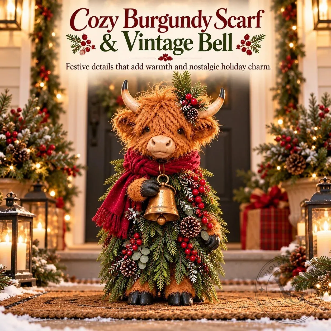 Christmas Highland Cow Figurine with Bell and Evergreen Accents 13 Christmas Highland Cow Figurine with Bell and Evergreen Accents