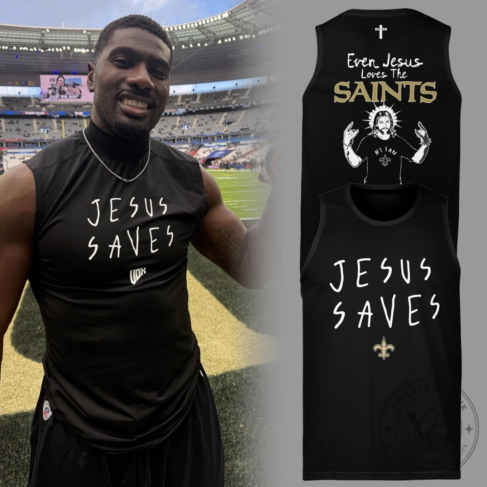 Black Tank Top for Football Fans - Jesus Saves, New Orleans Saints Design 2 Black Tank Top for Football Fans - Jesus Saves, New Orleans Saints Design