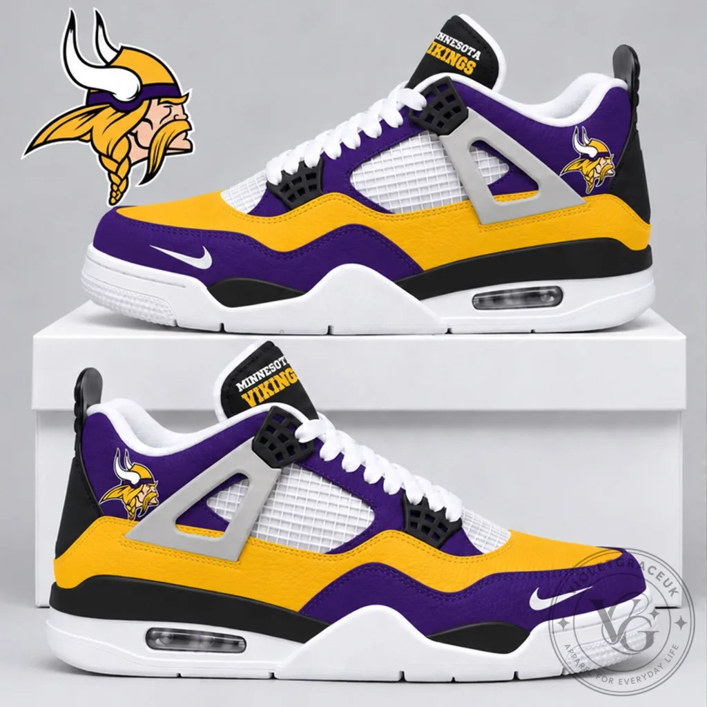 Minnesota Vikings NFL Team Logo Purple Gold Custom Air Jordan 4 Sneakers Shoes Minnesota Vikings NFL Team Logo Purple Gold Custom Air Jordan 4 Sneakers Shoes